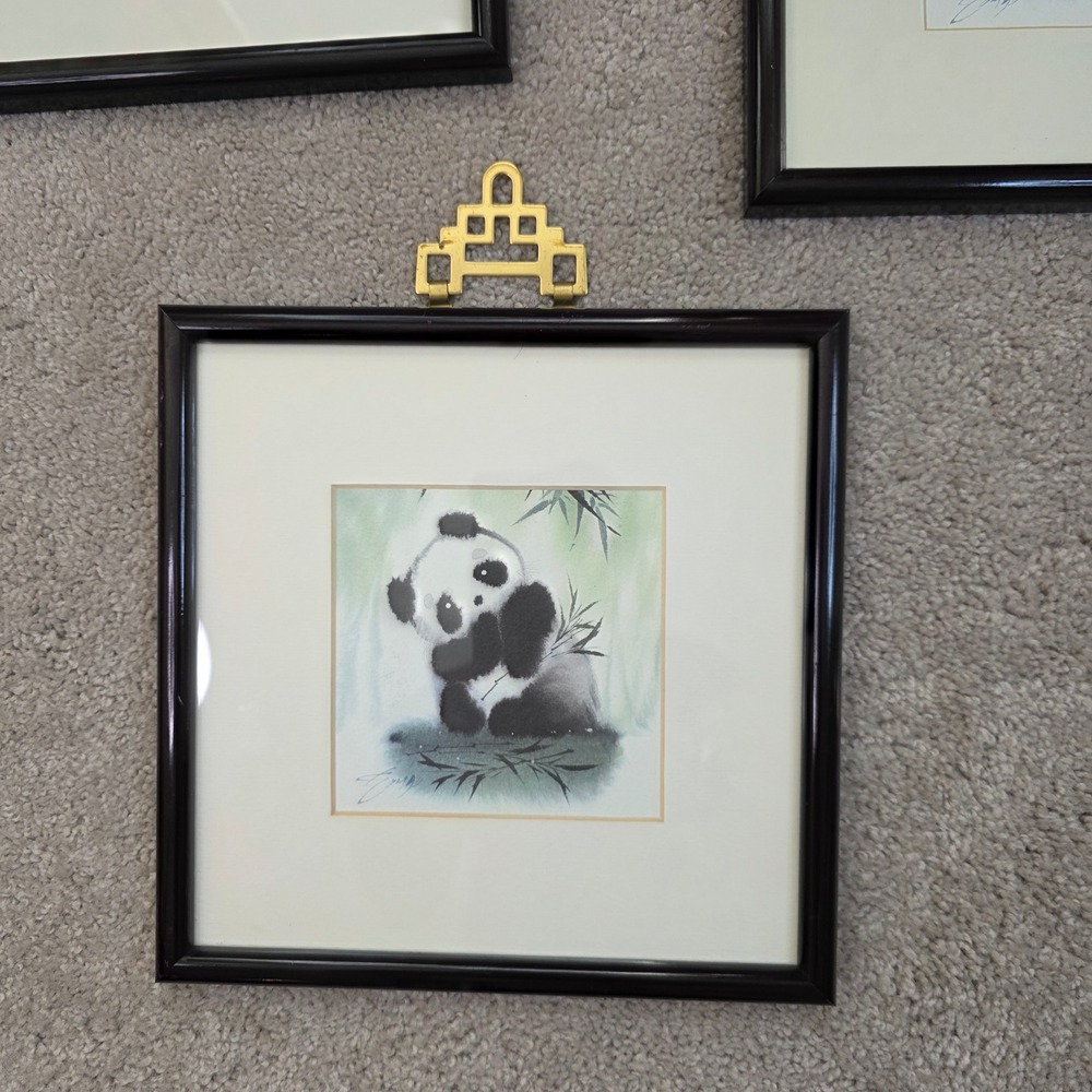 Vintage Set of 3 Framed Panda Prints Chinoiserie Brass Pagoda Hanger 8x8 zoocore - Picture 7 of 16